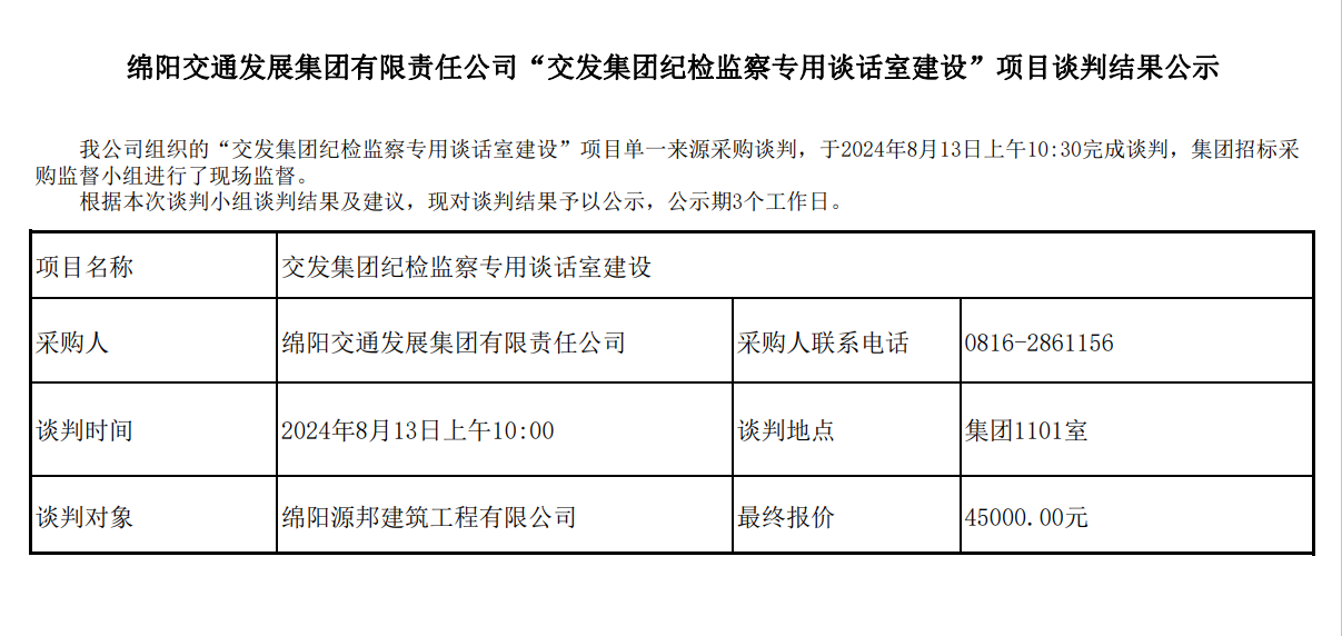 綿陽交通發(fā)展集團有限責任公司“交發(fā)集團紀檢監(jiān)察專用談話室建設”項目談判結(jié)果公示.png